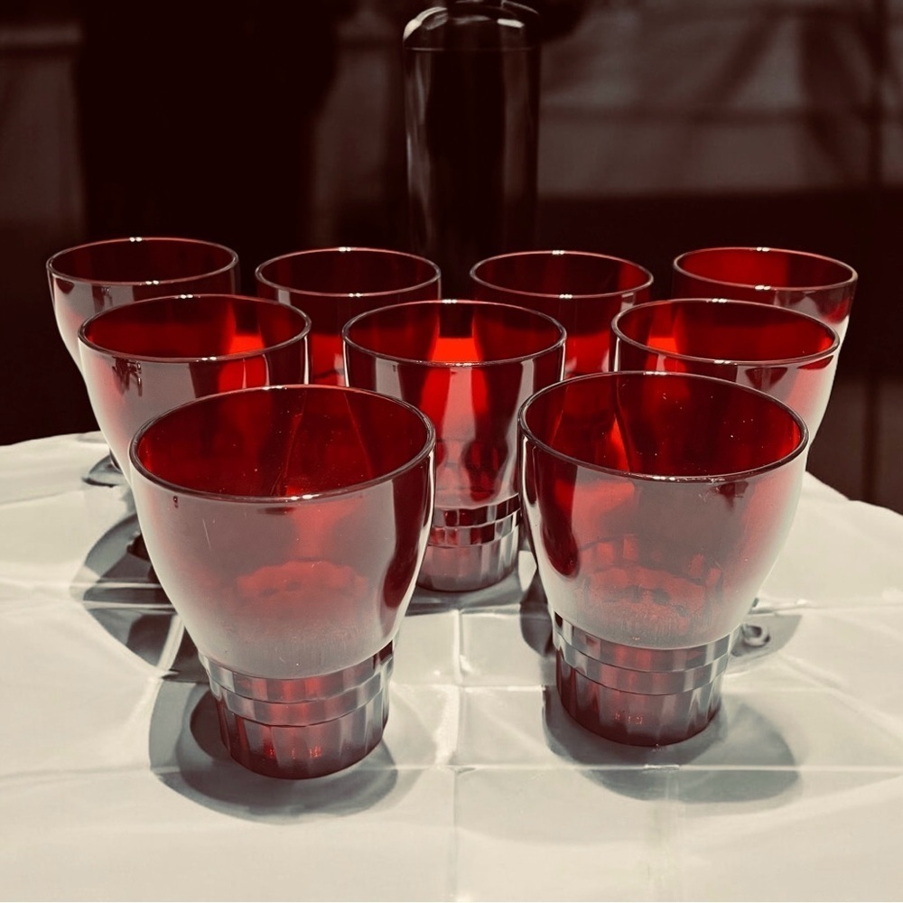 1940s Anchor Hocking Windsor Ruby Red Glasses, Set of 9